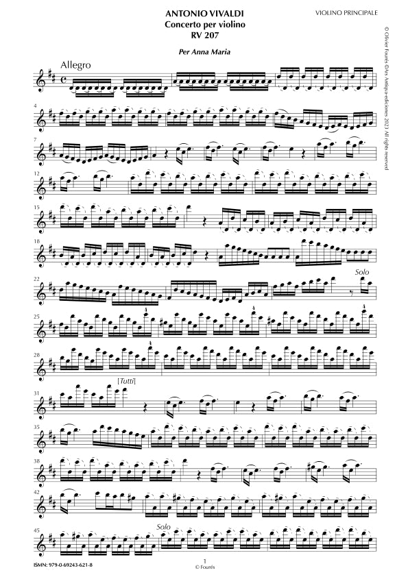 RV 207 Concerto per Violino in Re maggiore "per Anna Maria". Opera Undecima N.I