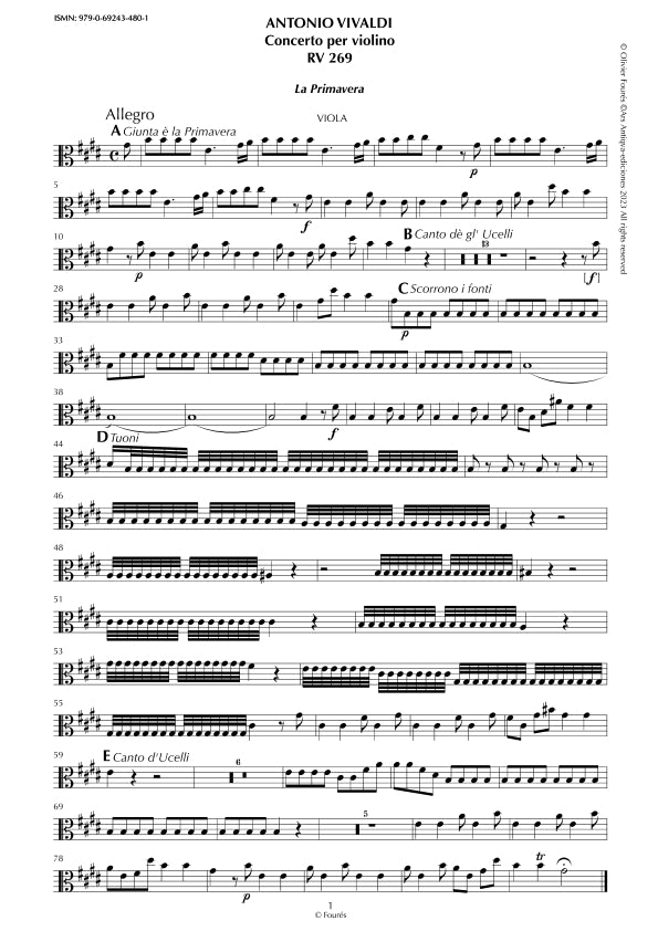 RV 269 "Le quatro stagioni" I. "LA PRIMAVERA" Concerto per violino in Mi maggiore. "Il Cimento dell´Armonia e dell´Invenzione" Opera ottava n.I