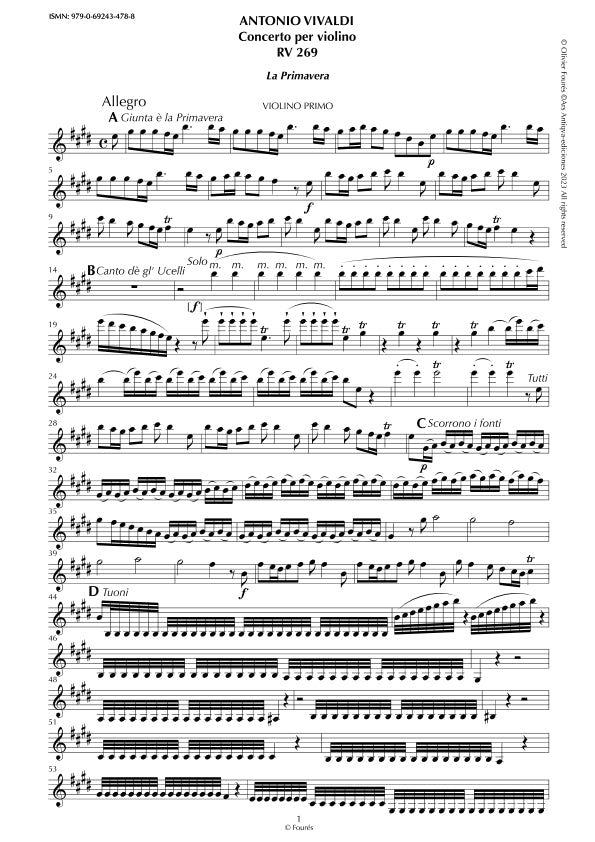 RV 269 "Le quatro stagioni" I. "LA PRIMAVERA" Concerto per violino in Mi maggiore. "Il Cimento dell´Armonia e dell´Invenzione" Opera ottava n.I