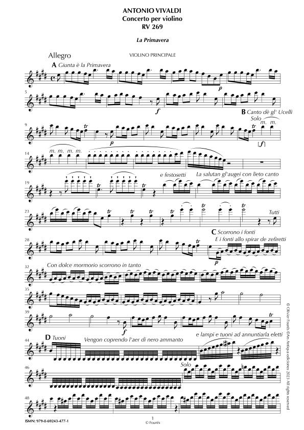 RV 269 "Le quatro stagioni" I. "LA PRIMAVERA" Concerto per violino in Mi maggiore. "Il Cimento dell´Armonia e dell´Invenzione" Opera ottava n.I