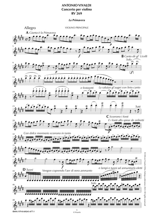 RV 269 "Le quatro stagioni" I. "LA PRIMAVERA" Concerto per violino in Mi maggiore. "Il Cimento dell´Armonia e dell´Invenzione" Opera ottava n.I