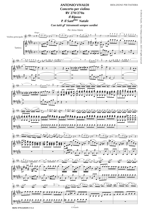 RV 270 / RV 270a Concerto per Violino in Mi maggiore -IL RIPOSO PER IL SANTISSmo: NATALE- per Anna Maria