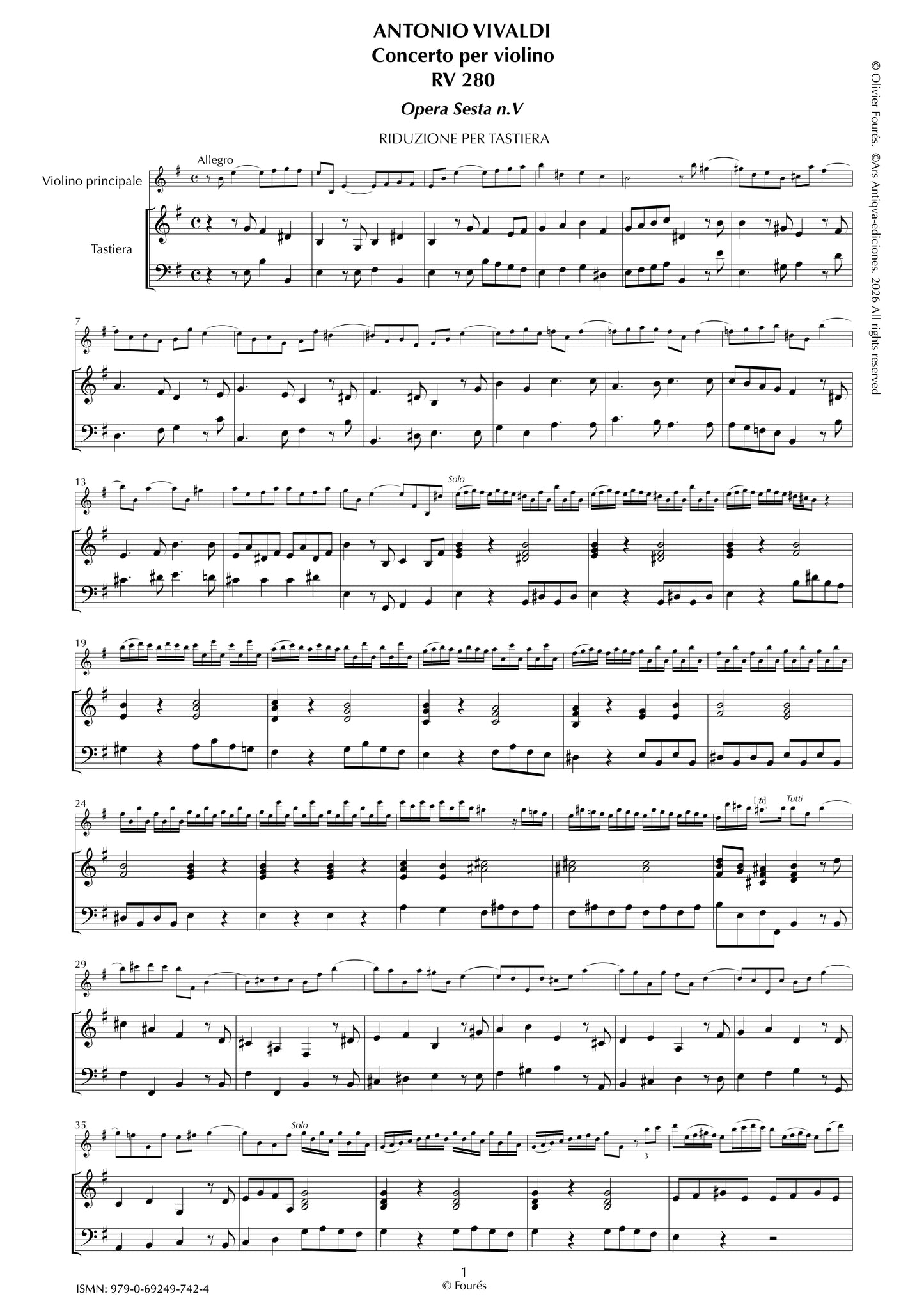 RV 280 Concerto per Violino in mi minore opera sesta n.V