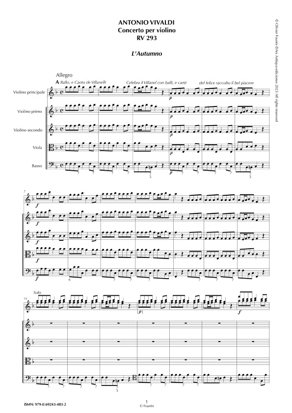 RV 293 "Le quatro stagioni" III. "L´AUTUMNO" Concerto per violino in Fa maggiore. "Il Cimento dell´Armonia e dell´Invenzione" Opera ottava n.III