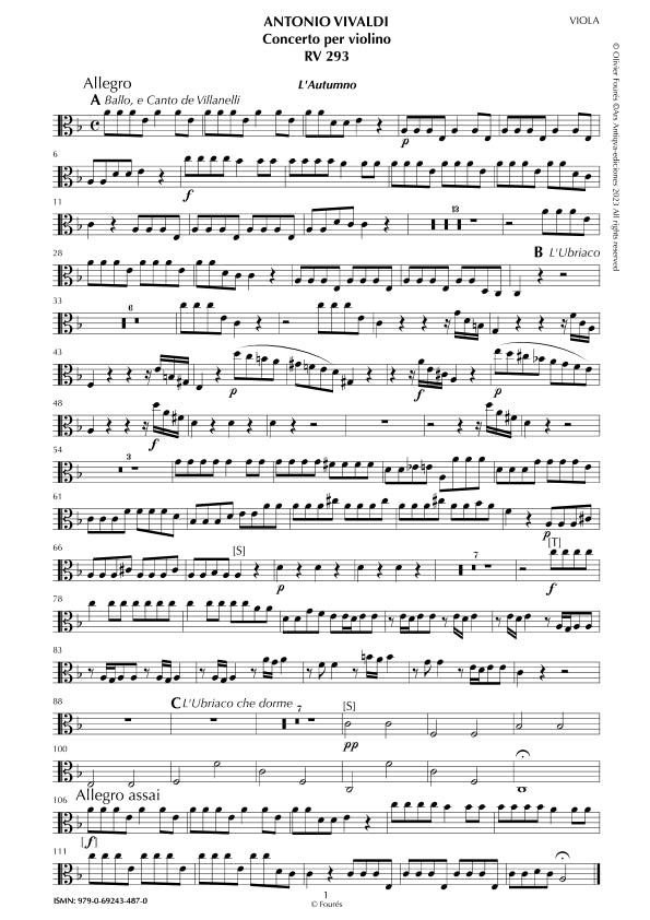 RV 293 "Le quatro stagioni" III. "L´AUTUMNO" Concerto per violino in Fa maggiore. "Il Cimento dell´Armonia e dell´Invenzione" Opera ottava n.III