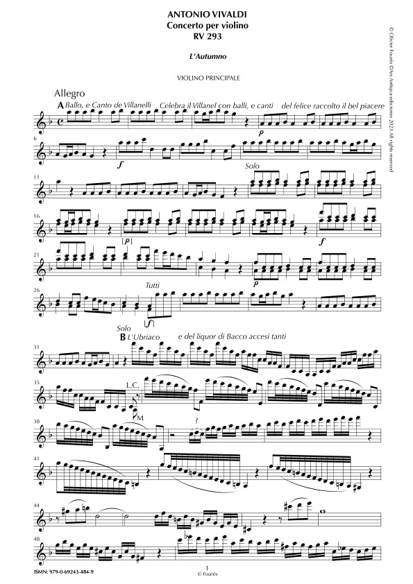RV 293 "Le quatro stagioni" III. "L´AUTUMNO" Concerto per violino in Fa maggiore. "Il Cimento dell´Armonia e dell´Invenzione" Opera ottava n.III
