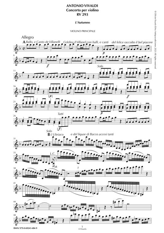 RV 293 "Le quatro stagioni" III. "L´AUTUMNO" Concerto per violino in Fa maggiore. "Il Cimento dell´Armonia e dell´Invenzione" Opera ottava n.III