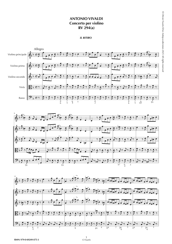RV 294 Concerto per Violino in Fa maggiore -IL RITIRO- opera settima n.X