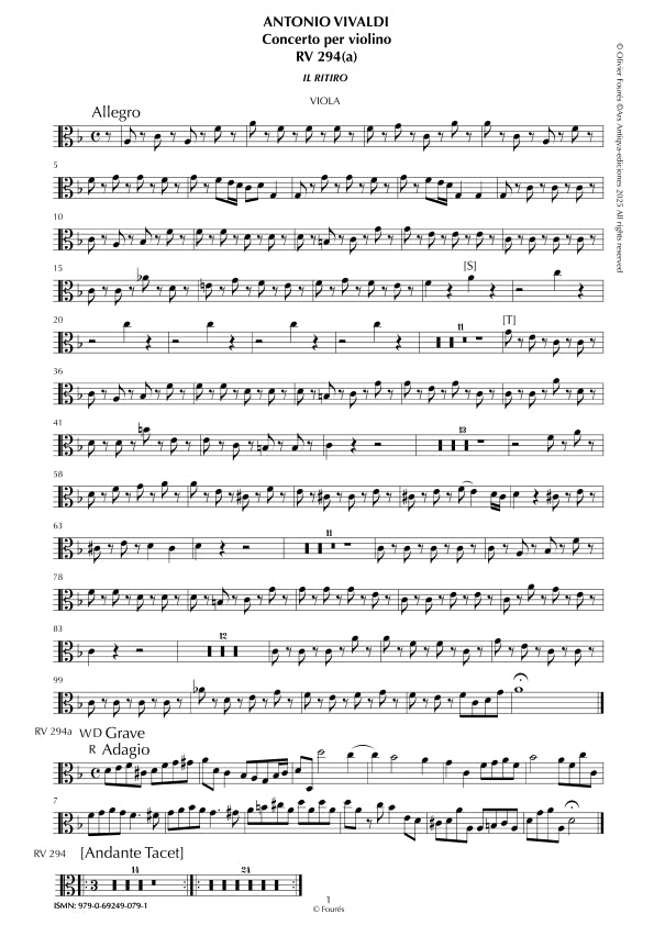 RV 294 Concerto per Violino in Fa maggiore -IL RITIRO- opera settima n.X