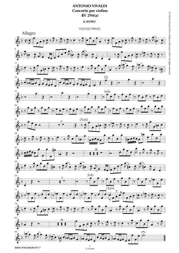 RV 294 Concerto per Violino in Fa maggiore -IL RITIRO- opera settima n.X