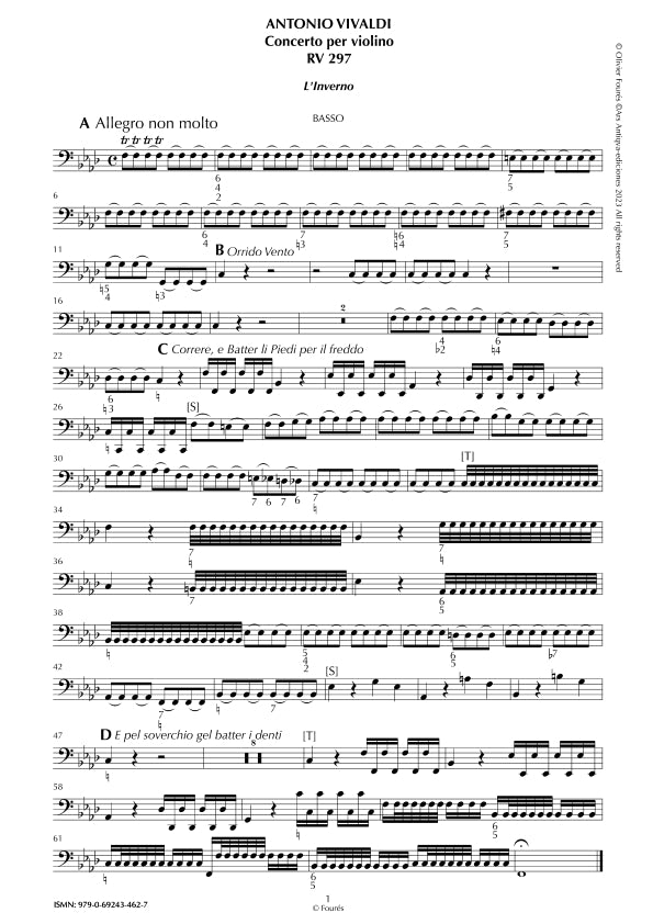 RV 297 "Le quatro stagioni" IV. "L'INVERNO" Concerto per violino in fa minore. "Il Cimento dell´Armonia e dell´Invenzione" Opera ottava n. IV
