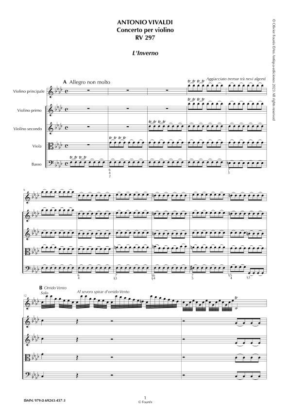 RV 297 "Le quatro stagioni" IV. "L'INVERNO" Concerto per violino in fa minore. "Il Cimento dell´Armonia e dell´Invenzione" Opera ottava n. IV