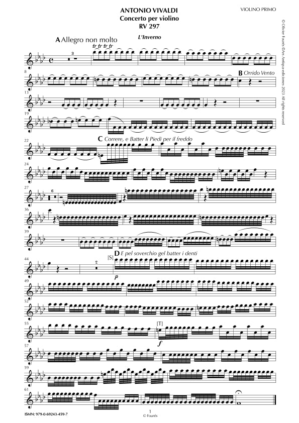 RV 297 "Le quatro stagioni" IV. "L'INVERNO" Concerto per violino in fa minore. "Il Cimento dell´Armonia e dell´Invenzione" Opera ottava n. IV