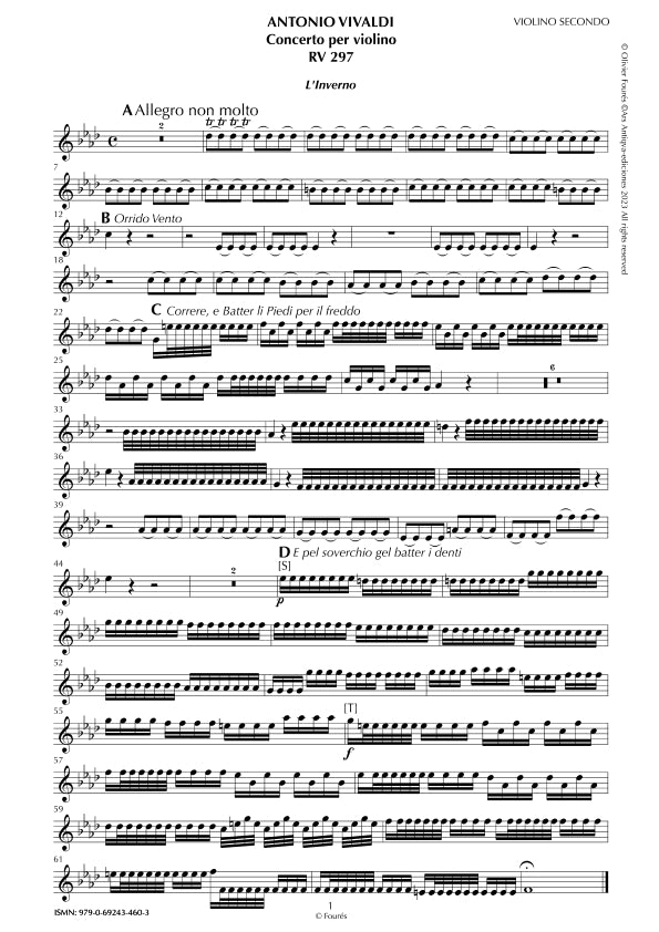 RV 297 "Le quatro stagioni" IV. "L'INVERNO" Concerto per violino in fa minore. "Il Cimento dell´Armonia e dell´Invenzione" Opera ottava n. IV