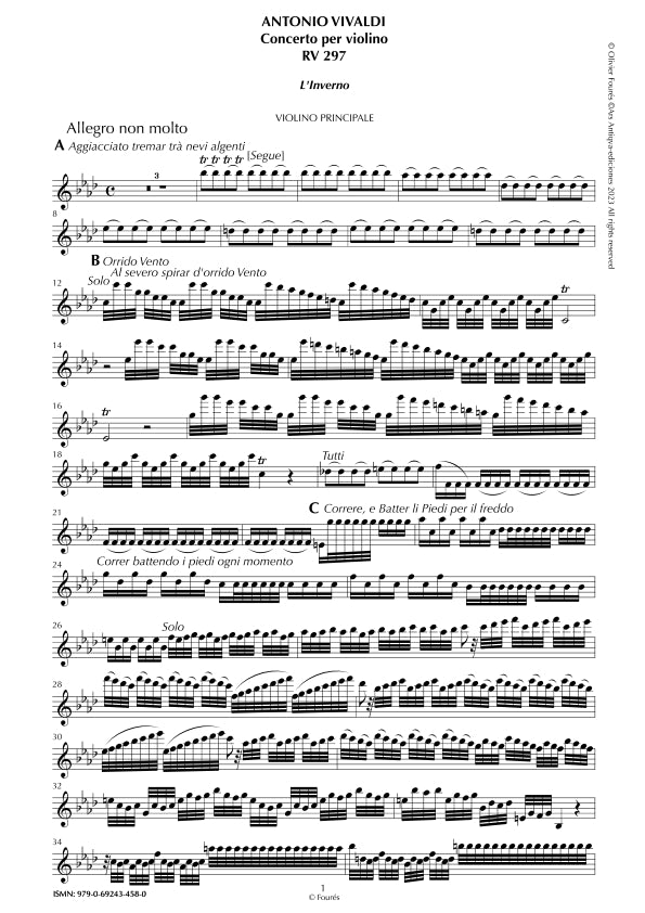 RV 297 "Le quatro stagioni" IV. "L'INVERNO" Concerto per violino in fa minore. "Il Cimento dell´Armonia e dell´Invenzione" Opera ottava n. IV