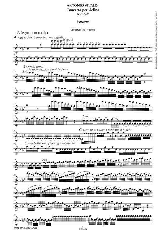 RV 297 "Le quatro stagioni" IV. "L'INVERNO" Concerto per violino in fa minore. "Il Cimento dell´Armonia e dell´Invenzione" Opera ottava n. IV