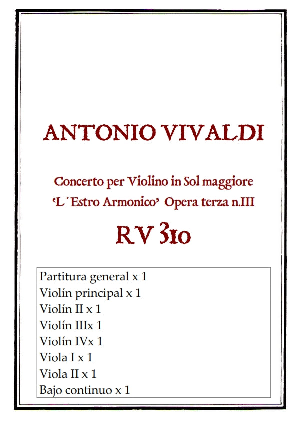 RV 310 Concerto per Violino in Sol maggiore. "L´Estro armonico" Opera terza n.III