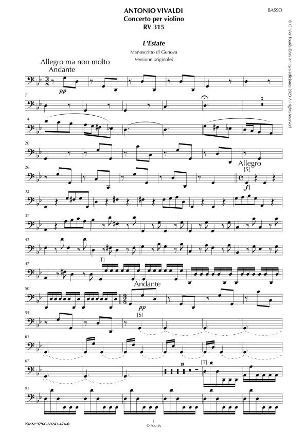 RV 315 "Le quatro stagioni" II. "L'ESTATE" Concerto per violino in sol minore. "Il Cimento dell´Armonia e dell´Invenzione" Opera ottava n.II
