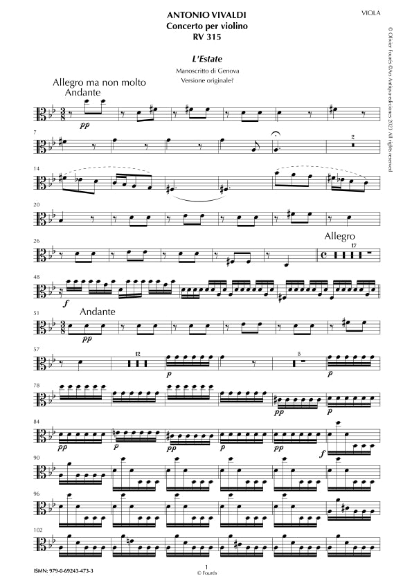 RV 315 "Le quatro stagioni" II. "L'ESTATE" Concerto per violino in sol minore. "Il Cimento dell´Armonia e dell´Invenzione" Opera ottava n.II