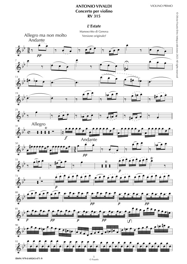 RV 315 "Le quatro stagioni" II. "L'ESTATE" Concerto per violino in sol minore. "Il Cimento dell´Armonia e dell´Invenzione" Opera ottava n.II