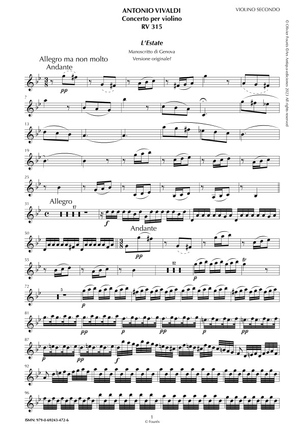 RV 315 "Le quatro stagioni" II. "L'ESTATE" Concerto per violino in sol minore. "Il Cimento dell´Armonia e dell´Invenzione" Opera ottava n.II