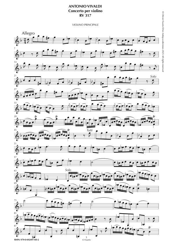 RV 317 Concerto per Violino in sol minore. Opera duodecima N.I