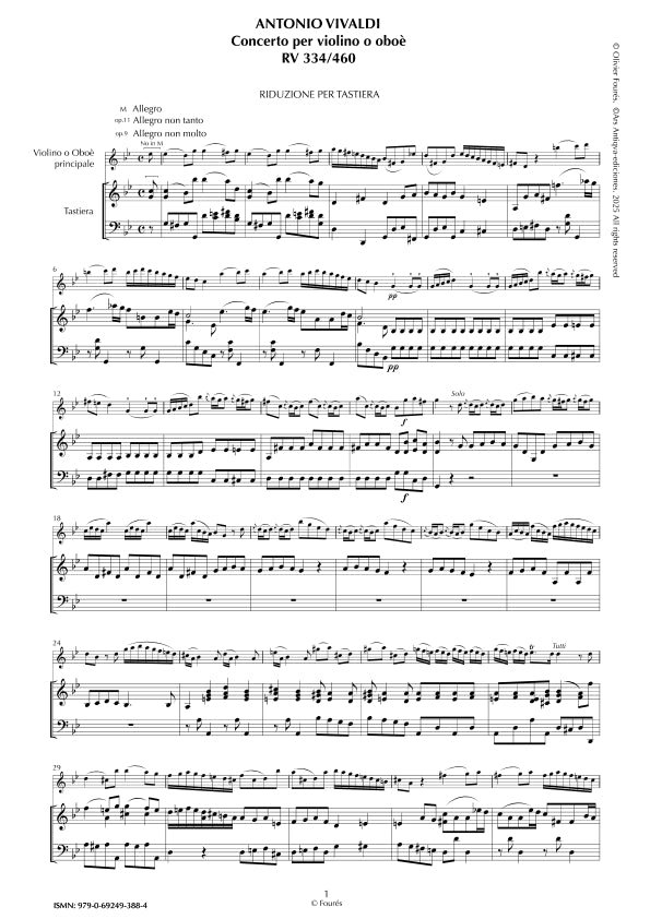 RV 334 / RV 460 Concerto per Violino ò Oboè in sol minore "La Cetra" opera nona n.III (RV 334); Opera undecima n.VI (RV 460)