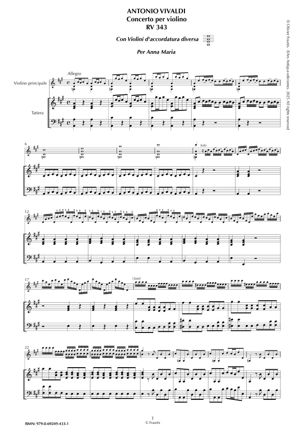 RV 343 Concerto per Violino in La maggiore "con violini d´accordatura diversa" per Anna Maria