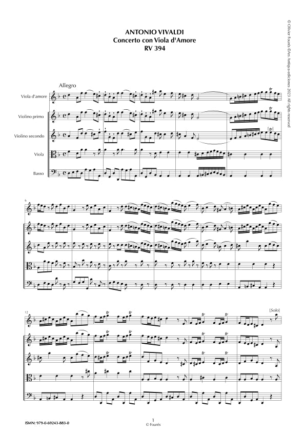 RV 394 Concerto per Viola d´Amor in in re minore