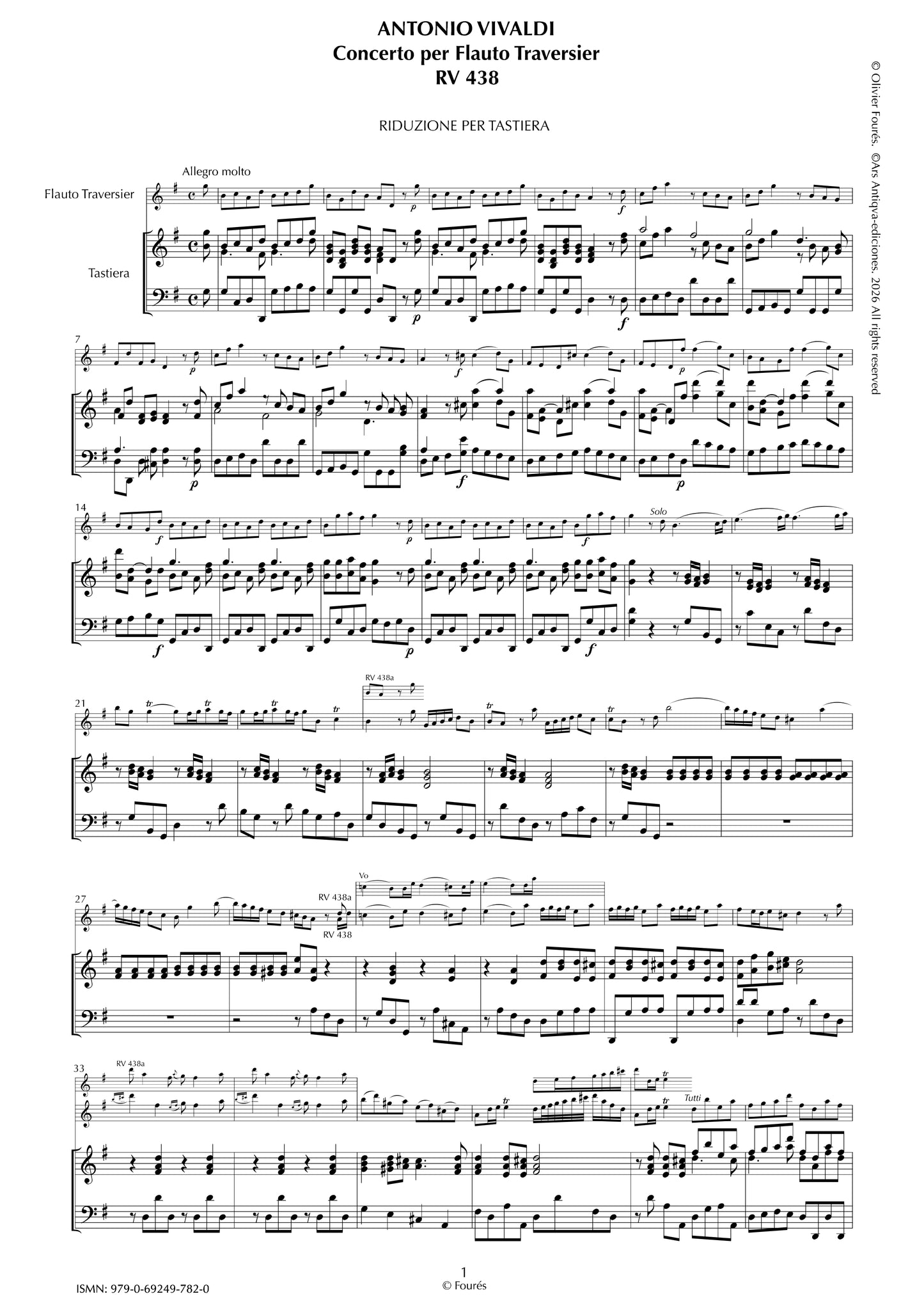 RV 438 / RV 438a Concerto per Traversier in Sol maggiore.