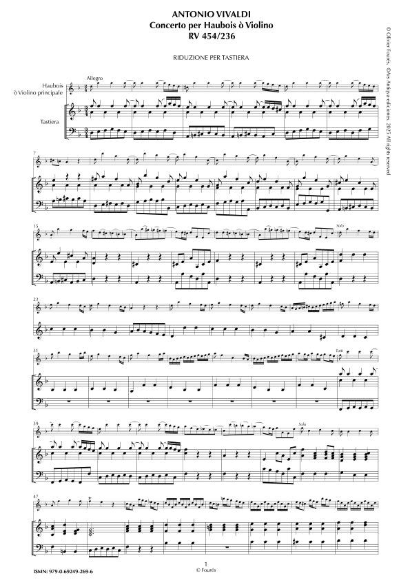 RV 454 / RV 236 Concerto per Haubois ò Violino in re minore "Il Cimento dell´Armonia e dell´Invenzione" opera ottava N.IX