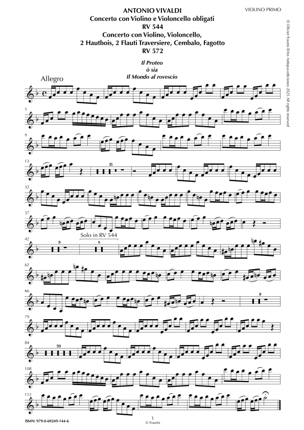 RV 544 - RV 572 "Il Proteo ò sia Il Mondo al rovescio" Concerto con Violino e Violoncello o Violino, Violoncello, 2 Flauti Traversieri, 2 Hautbois, Cembalo e Fagotto