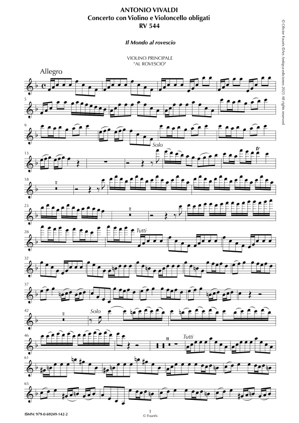 RV 544 - RV 572 "Il Proteo ò sia Il Mondo al rovescio" Concerto con Violino e Violoncello o Violino, Violoncello, 2 Flauti Traversieri, 2 Hautbois, Cembalo e Fagotto