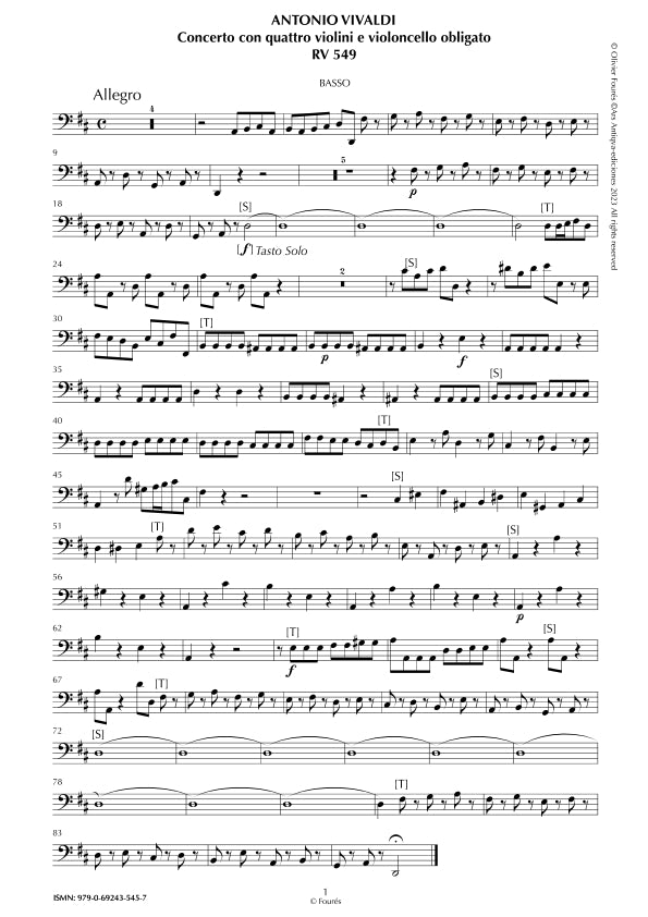 RV 549 Concerto per 4 Violini, 2 Violette, Violoncello e Basso in Re maggiore "L´Estro Armonico" opera terza n.I
