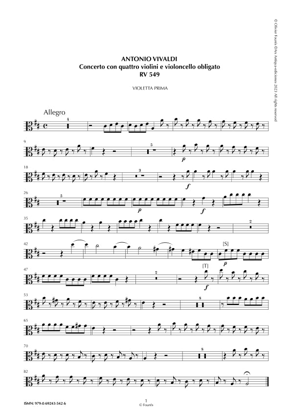 RV 549 Concerto per 4 Violini, 2 Violette, Violoncello e Basso in Re maggiore "L´Estro Armonico" opera terza n.I