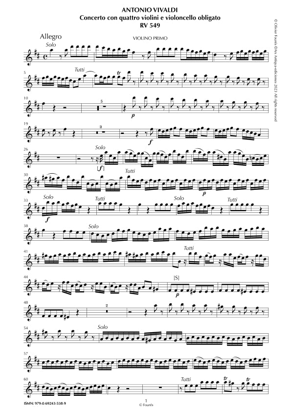 RV 549 Concerto per 4 Violini, 2 Violette, Violoncello e Basso in Re maggiore "L´Estro Armonico" opera terza n.I
