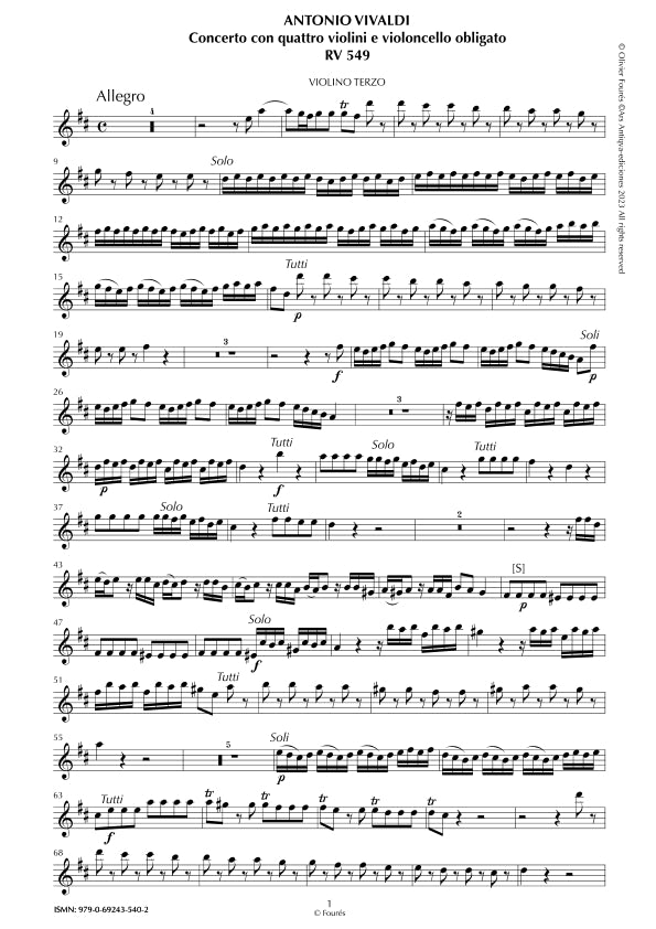 RV 549 Concerto per 4 Violini, 2 Violette, Violoncello e Basso in Re maggiore "L´Estro Armonico" opera terza n.I