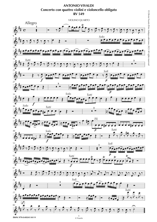RV 549 Concerto per 4 Violini, 2 Violette, Violoncello e Basso in Re maggiore "L´Estro Armonico" opera terza n.I