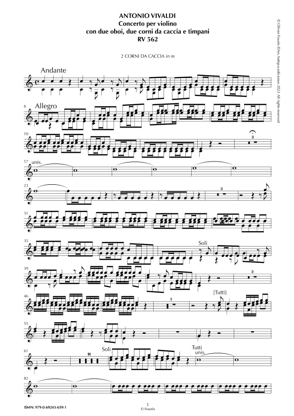 RV 562 Concerto "per la Solennità di San Lorenzo" per Violino, con 2 Oboi, 2 Corni da Caccia e Timpani in Re maggiore