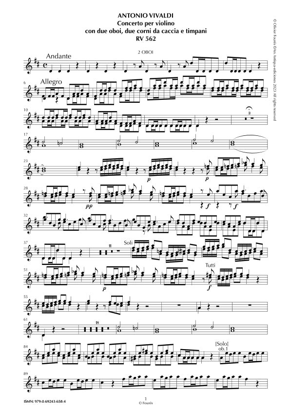 RV 562 Concerto "per la Solennità di San Lorenzo" per Violino, con 2 Oboi, 2 Corni da Caccia e Timpani in Re maggiore