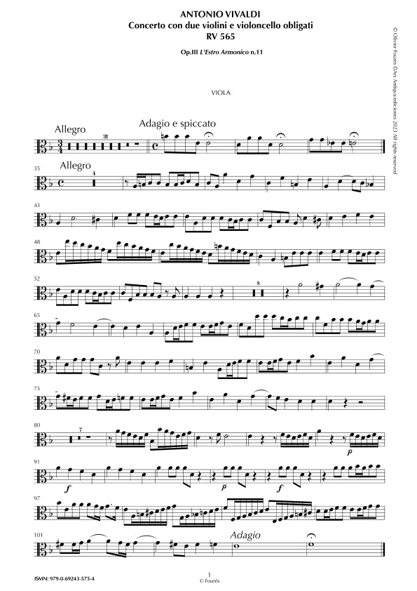 RV 565 Concerto per 2 Violini e Violoncello obligati in re minore "L´Estro Armonico" opera terza n.XI