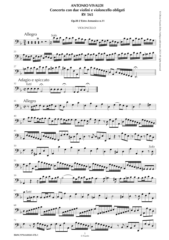 RV 565 Concerto per 2 Violini e Violoncello obligati in re minore "L´Estro Armonico" opera terza n.XI