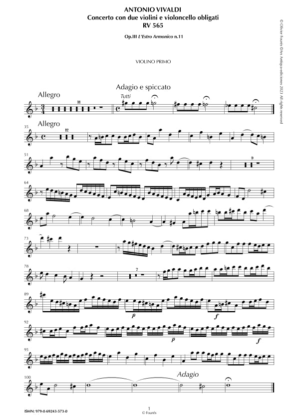 RV 565 Concerto per 2 Violini e Violoncello obligati in re minore "L´Estro Armonico" opera terza n.XI