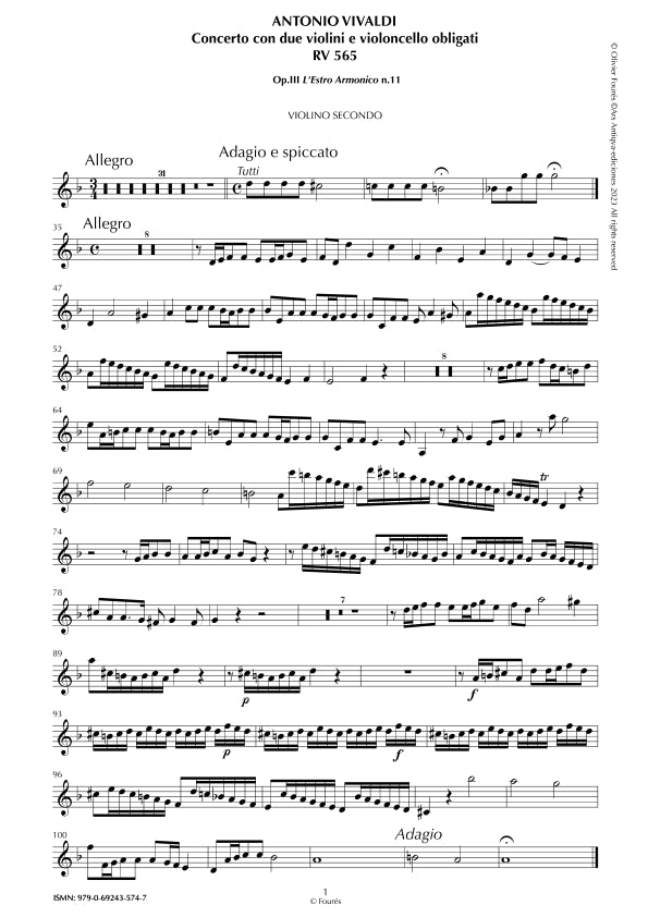 RV 565 Concerto per 2 Violini e Violoncello obligati in re minore "L´Estro Armonico" opera terza n.XI