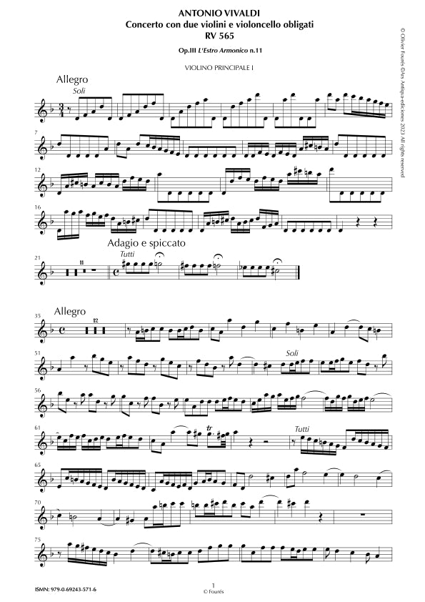 RV 565 Concerto per 2 Violini e Violoncello obligati in re minore "L´Estro Armonico" opera terza n.XI