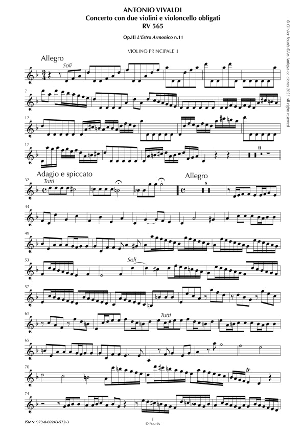RV 565 Concerto per 2 Violini e Violoncello obligati in re minore "L´Estro Armonico" opera terza n.XI