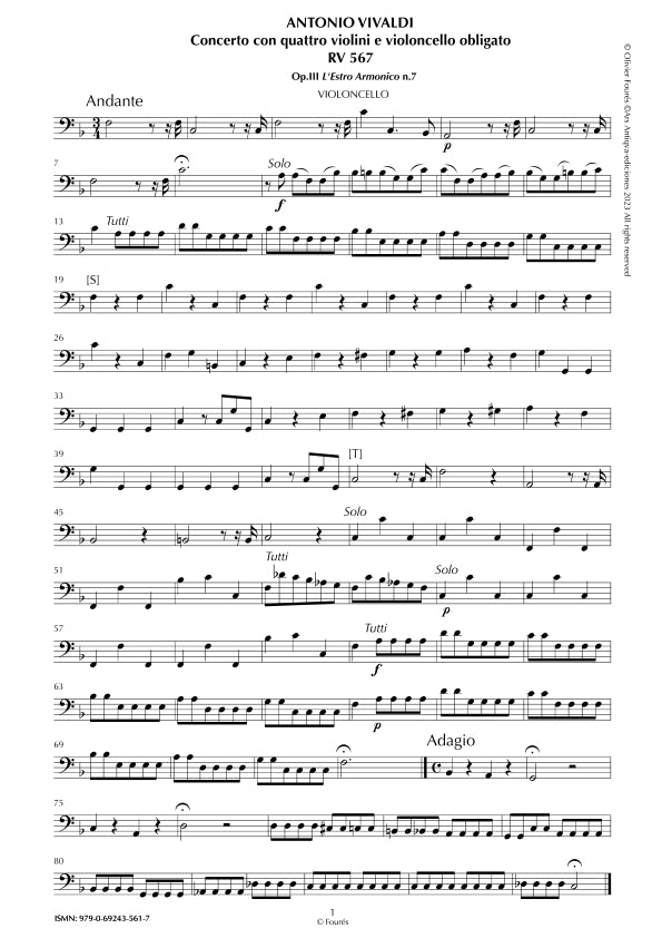 RV 567 / RV567a Concerto per 4 Violini e Violoncello in Fa maggiore "L´Estro Armonico" opera terza n.VII