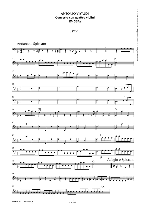 RV 567 / RV567a Concerto per 4 Violini e Violoncello in Fa maggiore "L´Estro Armonico" opera terza n.VII