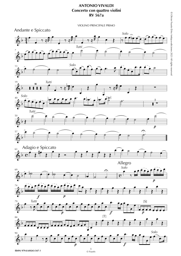 RV 567 / RV567a Concerto per 4 Violini e Violoncello in Fa maggiore "L´Estro Armonico" opera terza n.VII