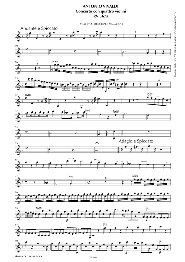 RV 567 / RV567a Concerto per 4 Violini e Violoncello in Fa maggiore "L´Estro Armonico" opera terza n.VII
